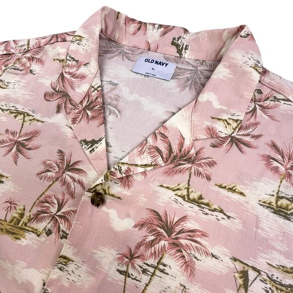 Old Navy Hawaiian Shirt XL Pink Palm Tree Beach Vacation Summer Hawaii Casual - Picture 1 of 9